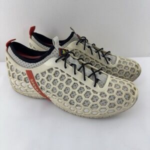 Sperry Cream Hex Mesh Boat Shoes with Black and Red Accents
